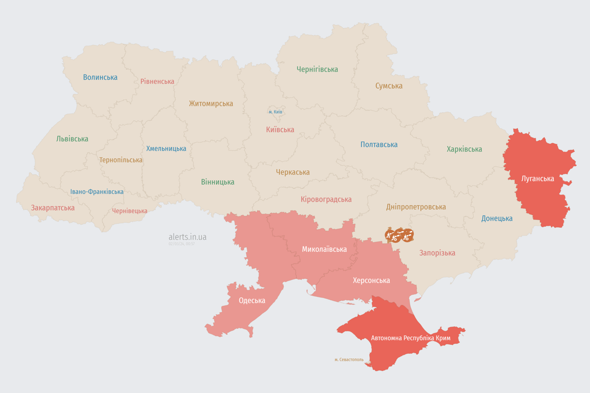 Мапа повітряної тривоги в Україні 2 березня