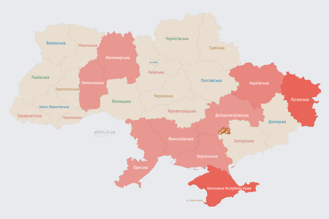 Мапа повітряної тривоги в Україні сьогодні, 18 квітня
