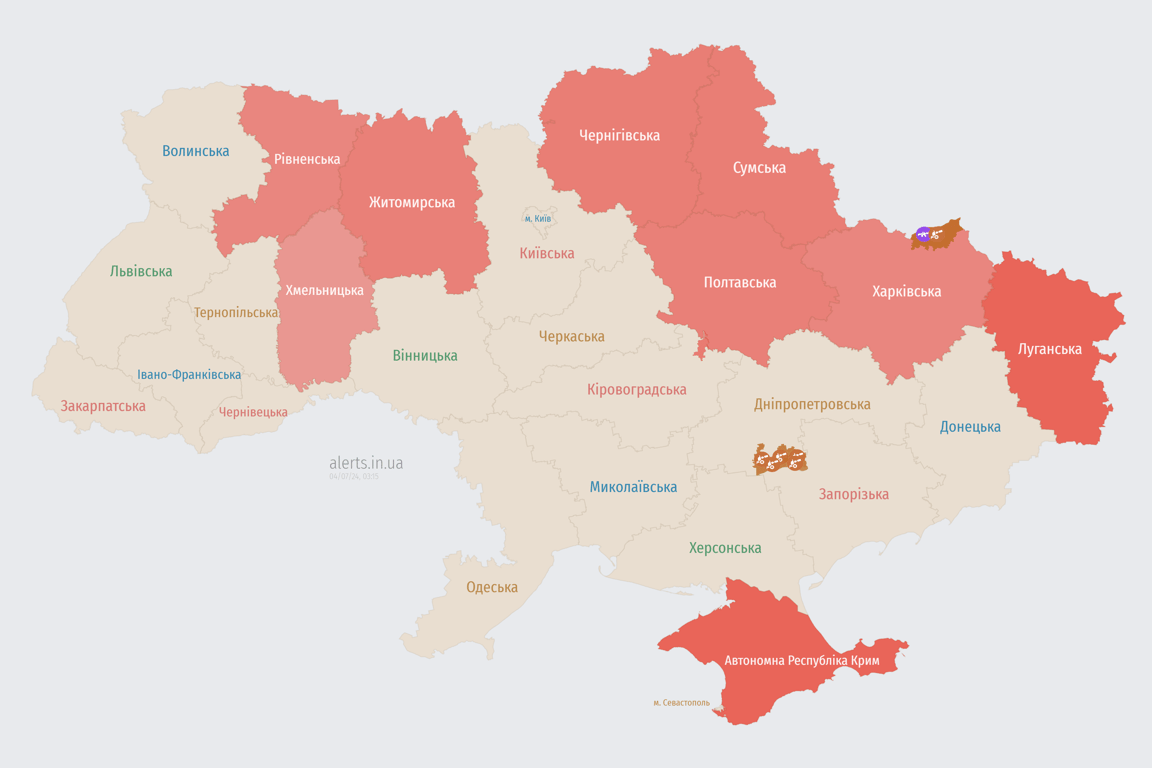 Мапа повітряної тривоги зараз 4 липня