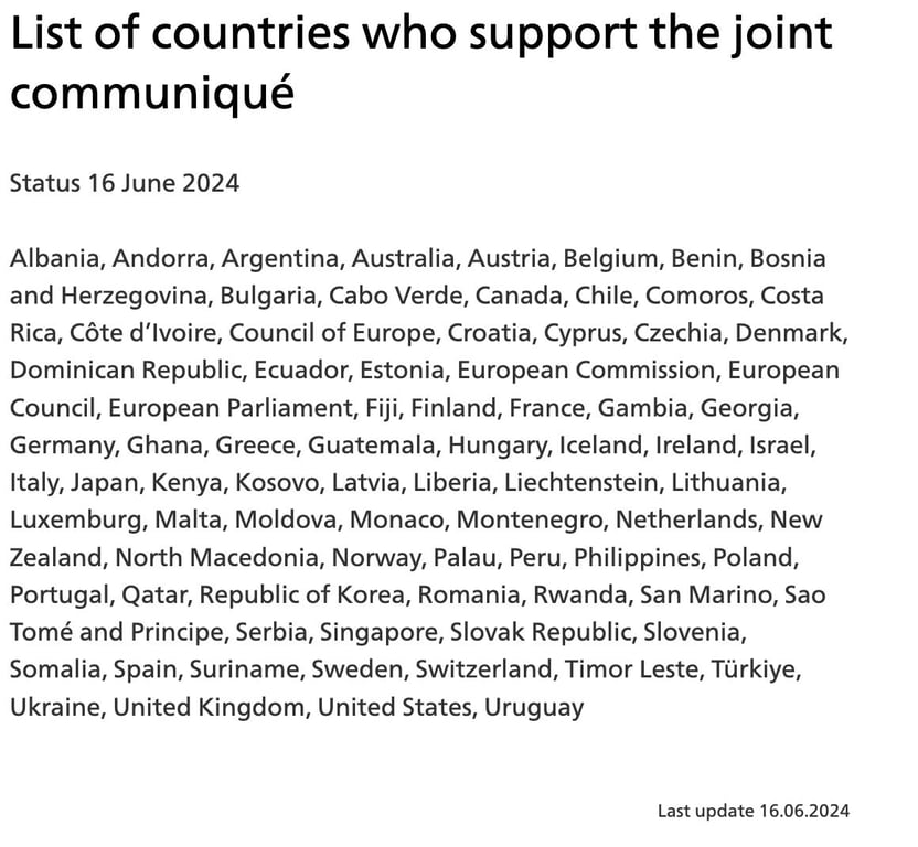 Які країни підписали комюніке Саміту миру в Швейцарії