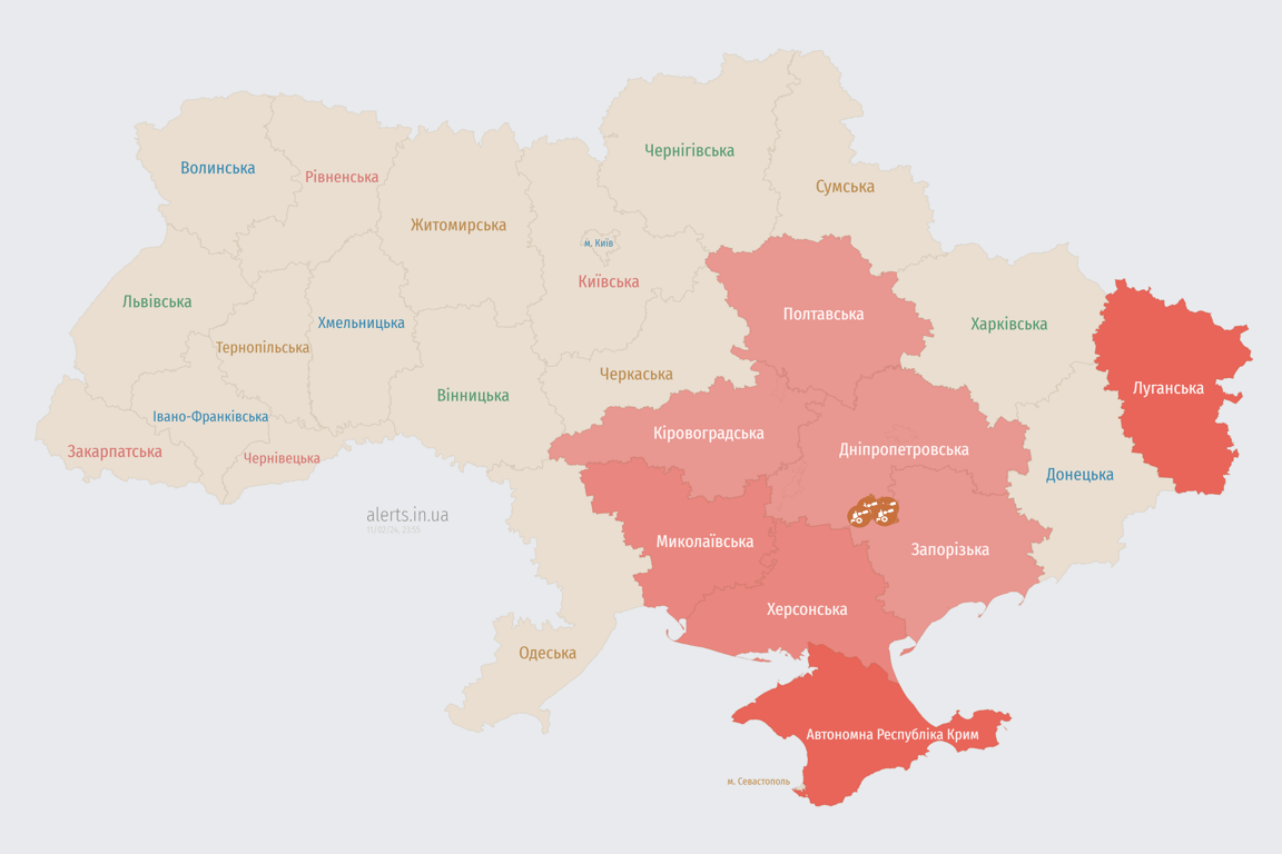 Карта воздушной тревоги в Украине 11 февраля