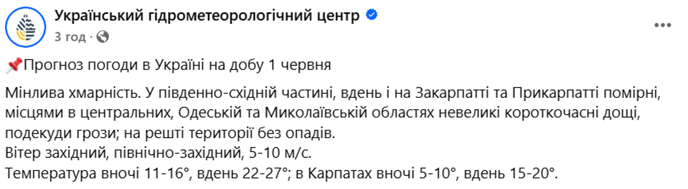 Погода в Україні 1 червня
