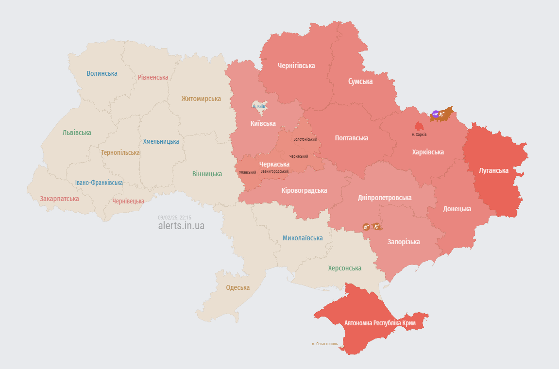 Карта повітряних тривог 9 лютого