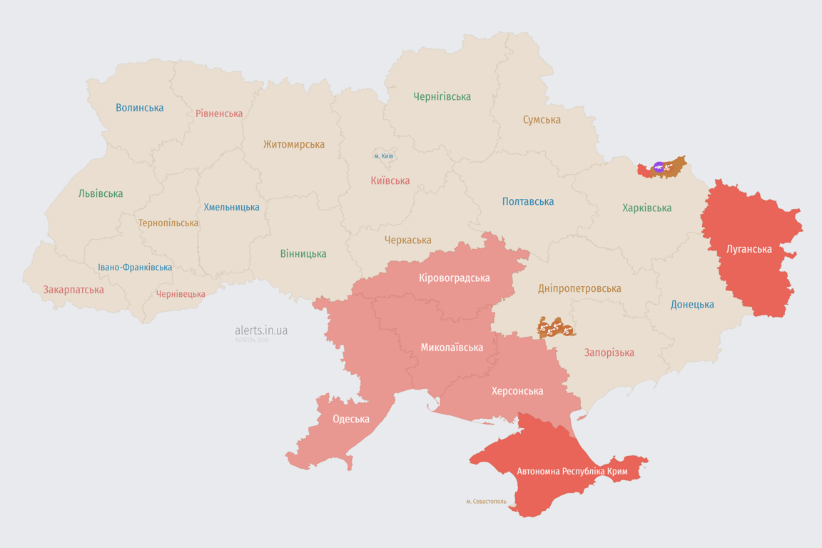 Мапа повітряної тривоги вночі 15 липня
