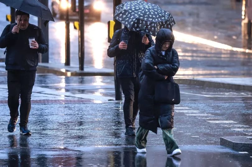 Люди ховаються під парасолями та теплим одягом від дощу