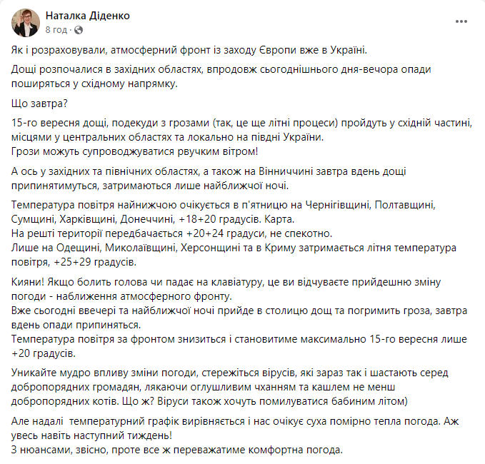 Прогноз погоди від Наталки Діденко