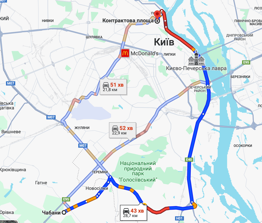Затори на в'їзді до Києва 29 листопада. Фото: Google Maps
