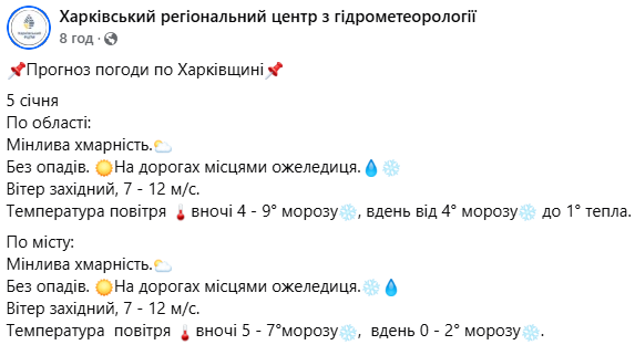 Прогноз погоди у Харкові на 5 січня