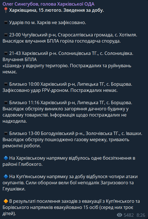 Наслідки обстрілу Харківщини 15 лютого