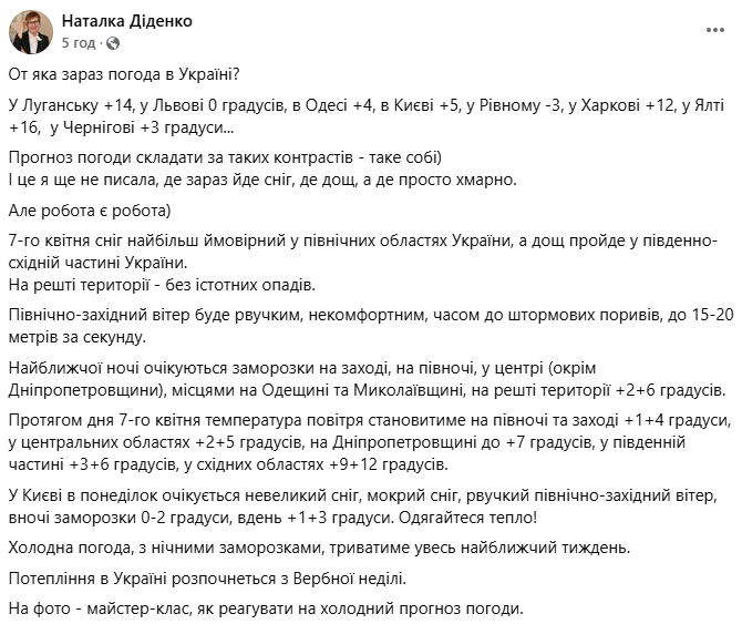 Прогноз погоди в Україні на 7 квітня