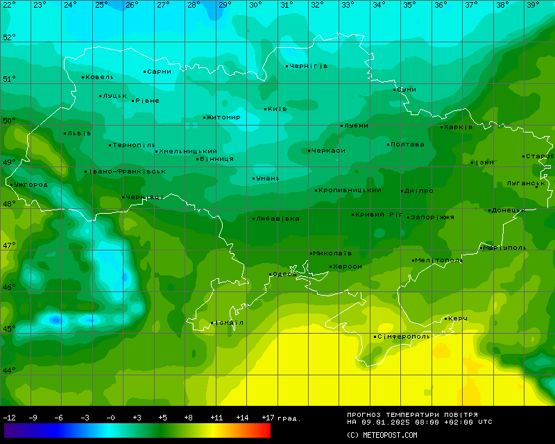 Температуры в Украине 9 января 2025 года