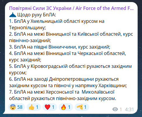 Скриншот сообщения из телеграмм-канала "Воздушные силы ВС Украины"