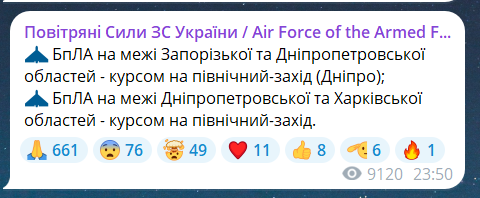 Скриншот сообщения из телеграмм-канала "Воздушные силы ВС Украины"