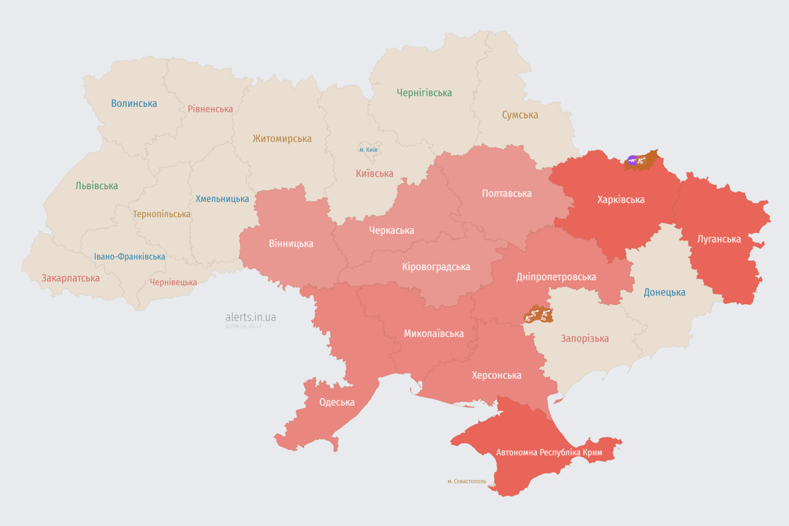 Карта воздушной тревоги в Украине в ночь на 2 июня