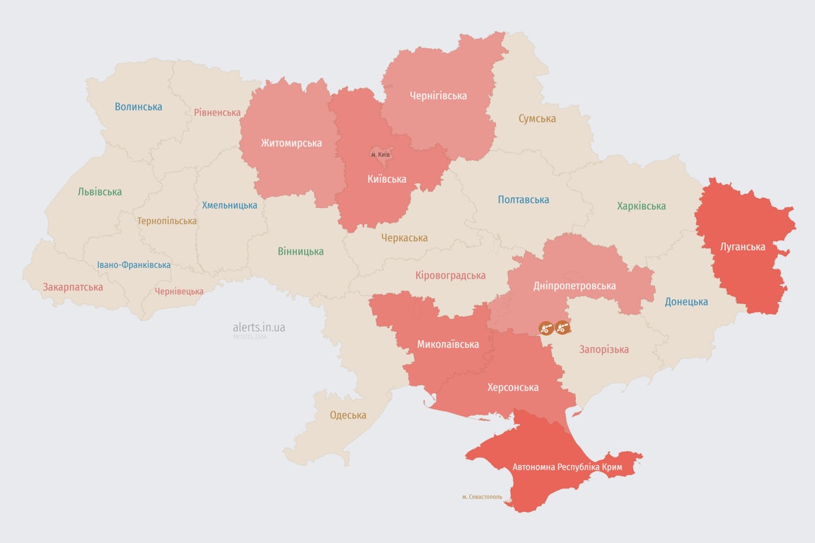 Карта уездных тревог в Украине сегодня, 19 декабря