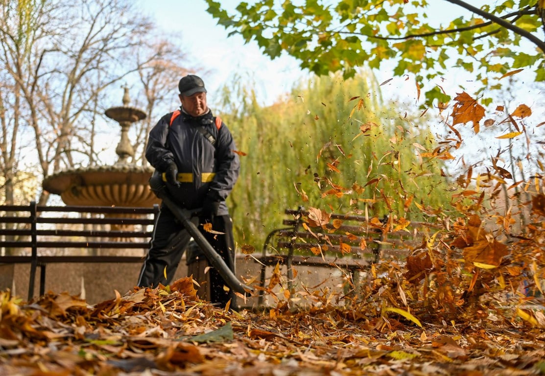 Коммунальщики убирают листья в парке