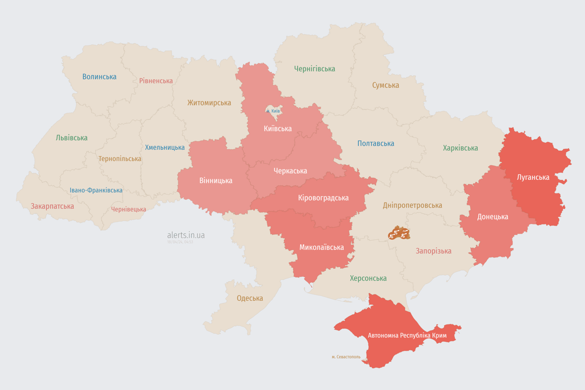 Мапа повітряної тривоги в Україні сьогодні, 18 квітня