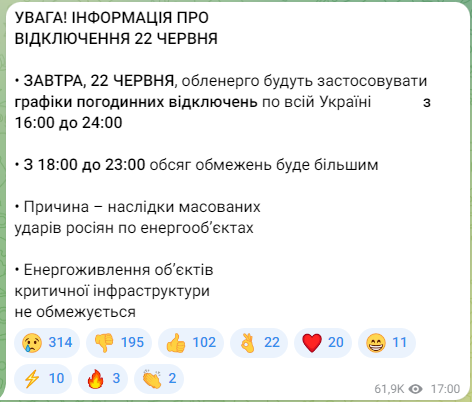 Информация об отключении света в Украине 22 июня. Фото: скриншот
