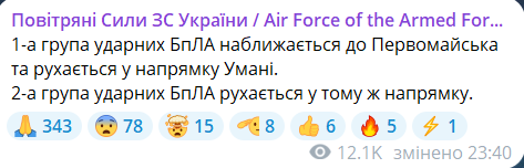 Скриншот повідомлення з телеграм-каналу "Повітряні сили ЗС України"