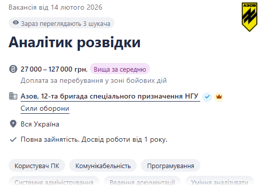 "Азову" потрібні аналітики розвідки — з'явилась вакансія