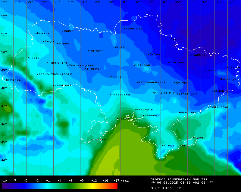 Карта температур на 6 січня 2025 року
