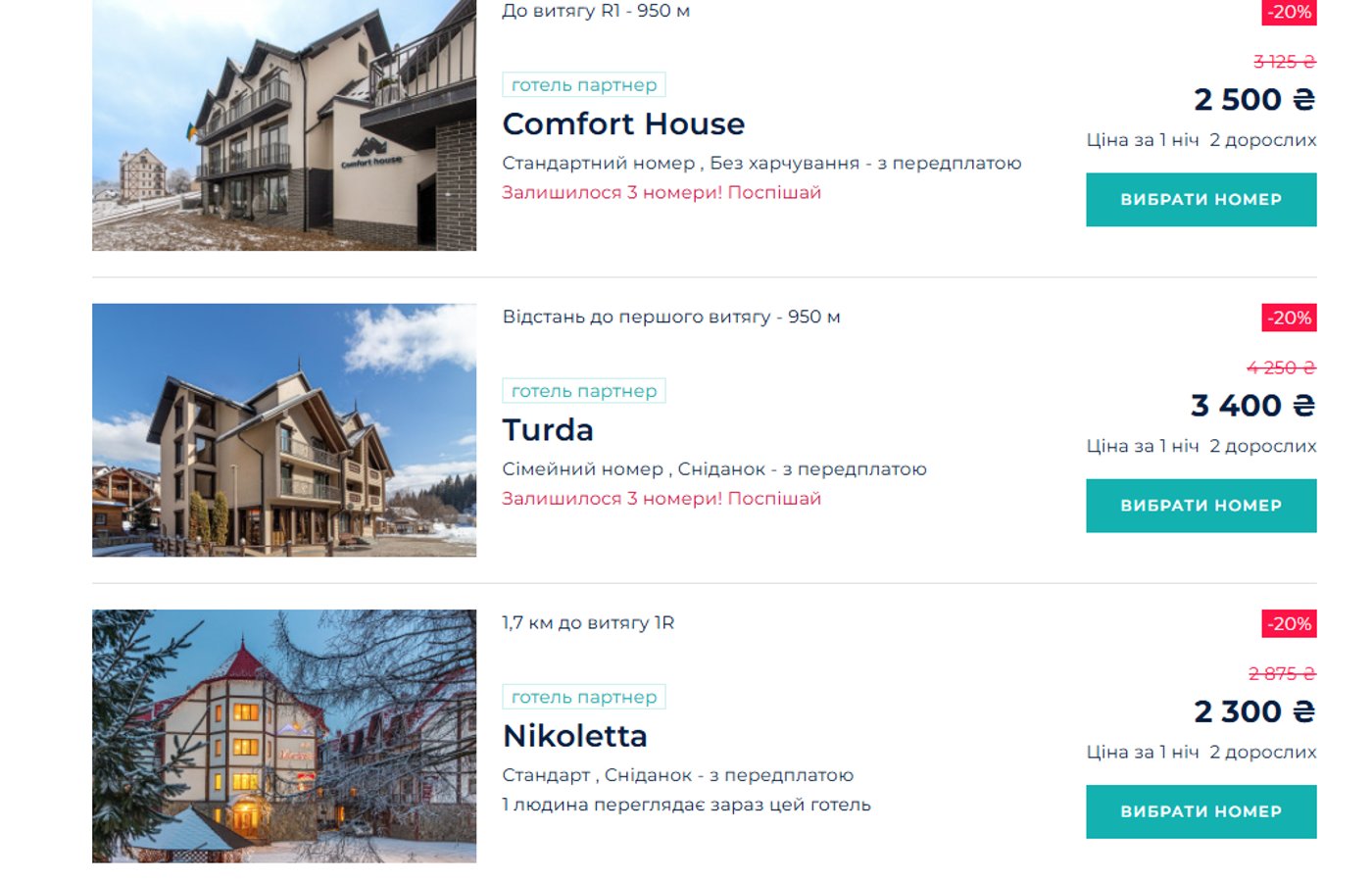 Ціни на готелі в Буковелі