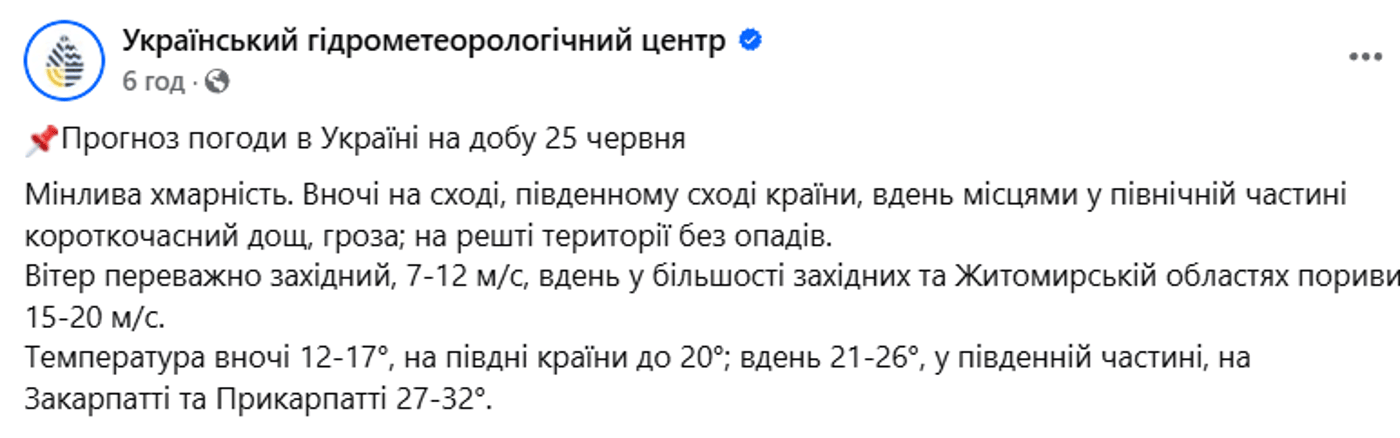 Погода в Україні на 25 червня
