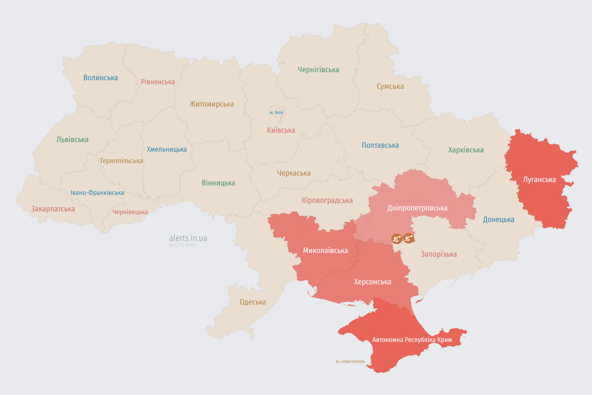 Мапа повітряних тривога в Україні сьогодні, 1 грудня