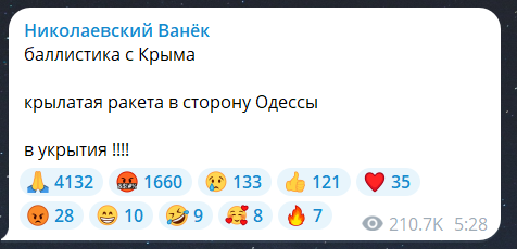 Скриншот повідомлення з телеграм-каналу "Никоалевский Ванек"