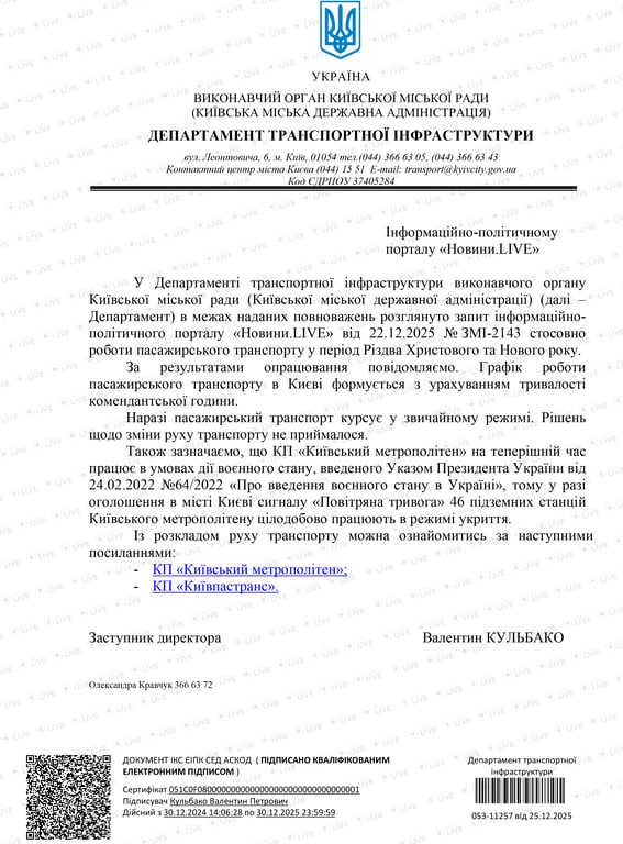 Графік транспорту в Києві на новорічні свята