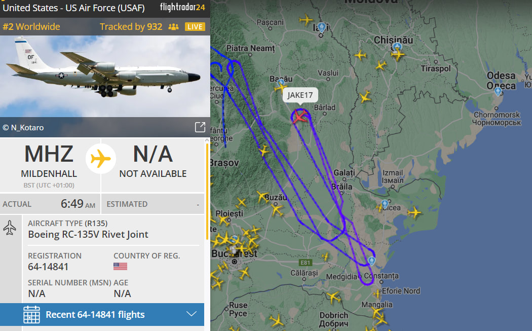 Boeing RC-135V Rivet Joint біля Одещини 13 червня