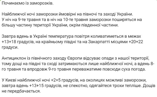 Прогноз погоди від Наталки Діденко на 8 травня 