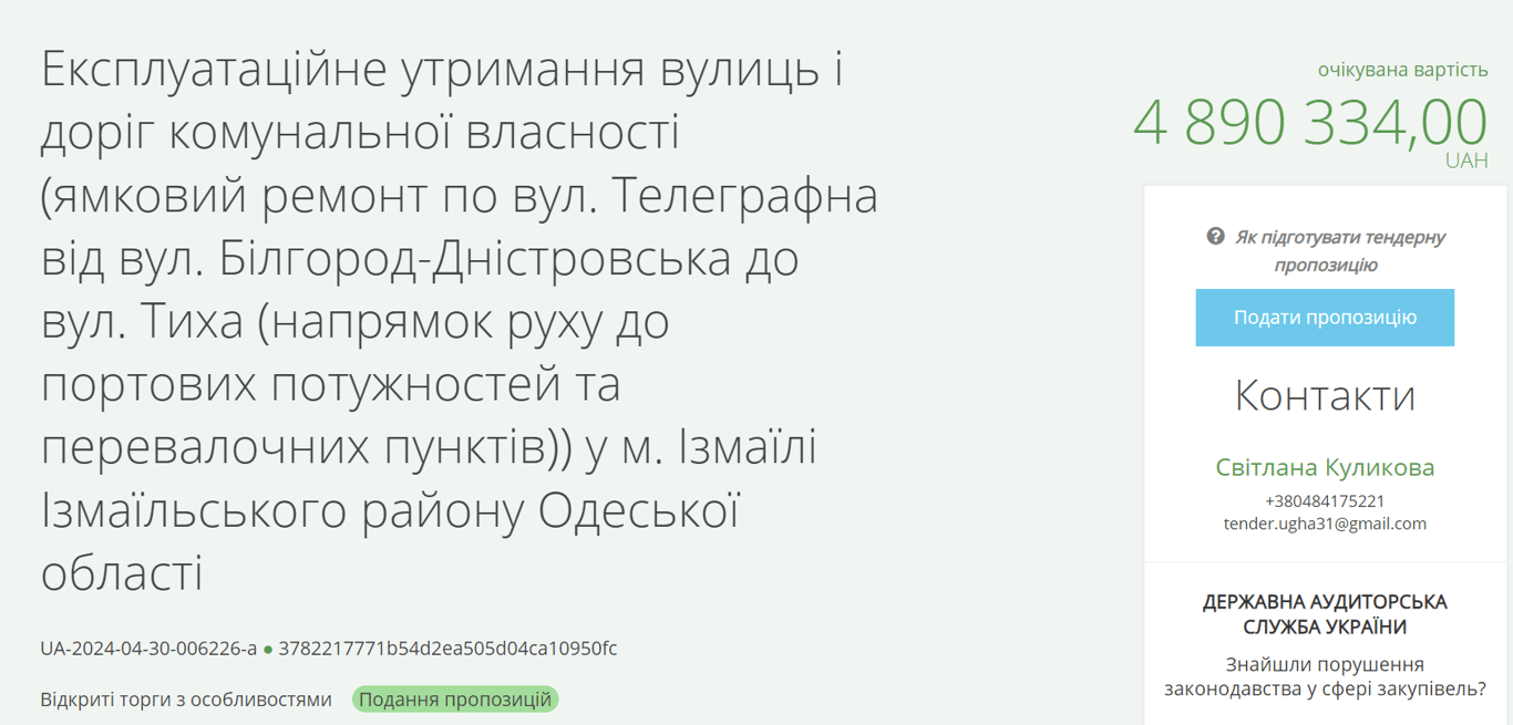 Тендер на ремонт дороги в Ізмаїлі
