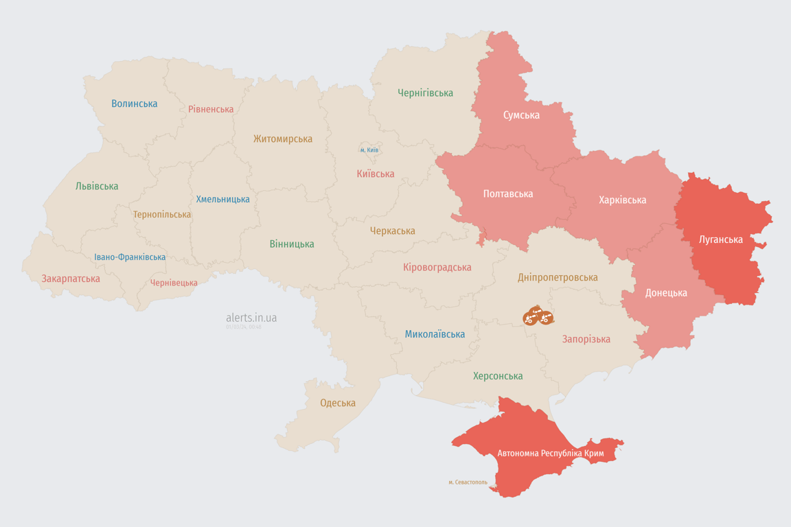 Мапа повітряної тривоги в Україні 1 березня