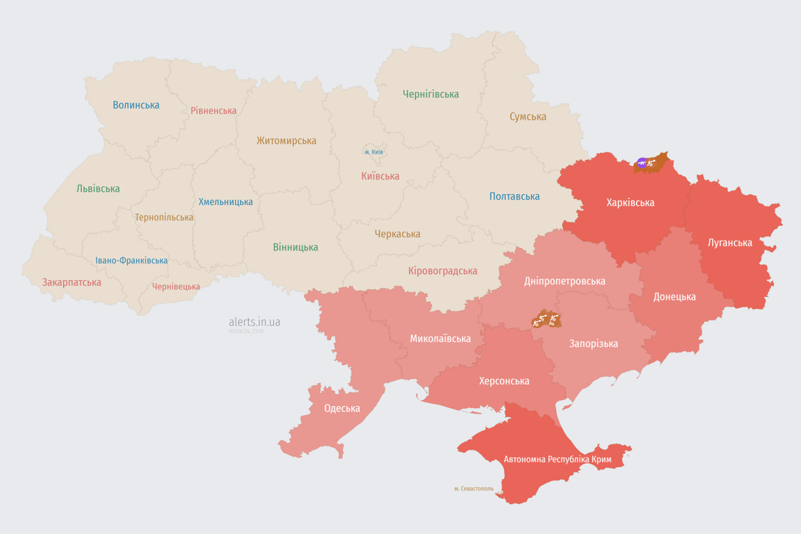 Карта воздушной тревоги в Украине вечером 1 июня