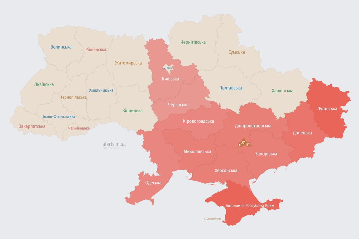 Мапа повітряних тривог в Україні сьогодні, 10 березня