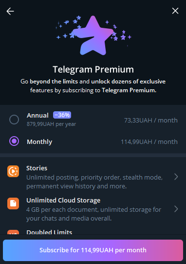 Стоимость подписки на Telegram Premium