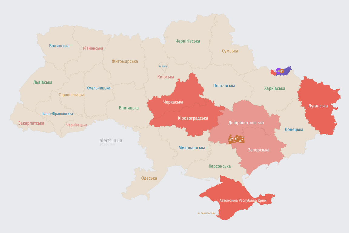 Карта повітряних тривог в Україні вранці 21 травня 