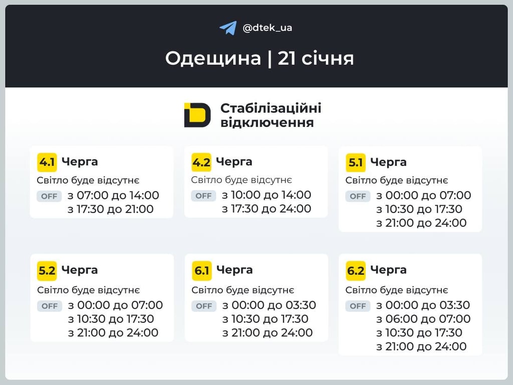 Отключения света на Одесчине 21 января 2026 года