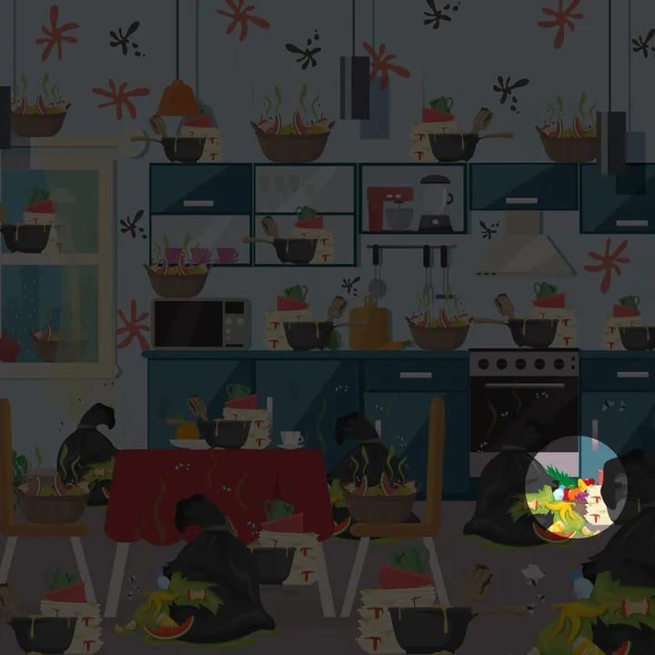 Де загубилися свіжі фрукти на дуже брудній кухні — швидка головоломка