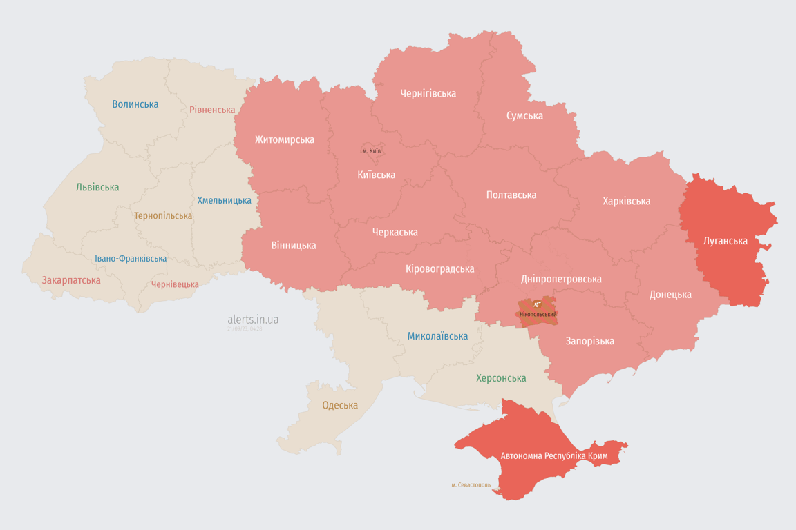 Карта воздушных тревог в Украине.