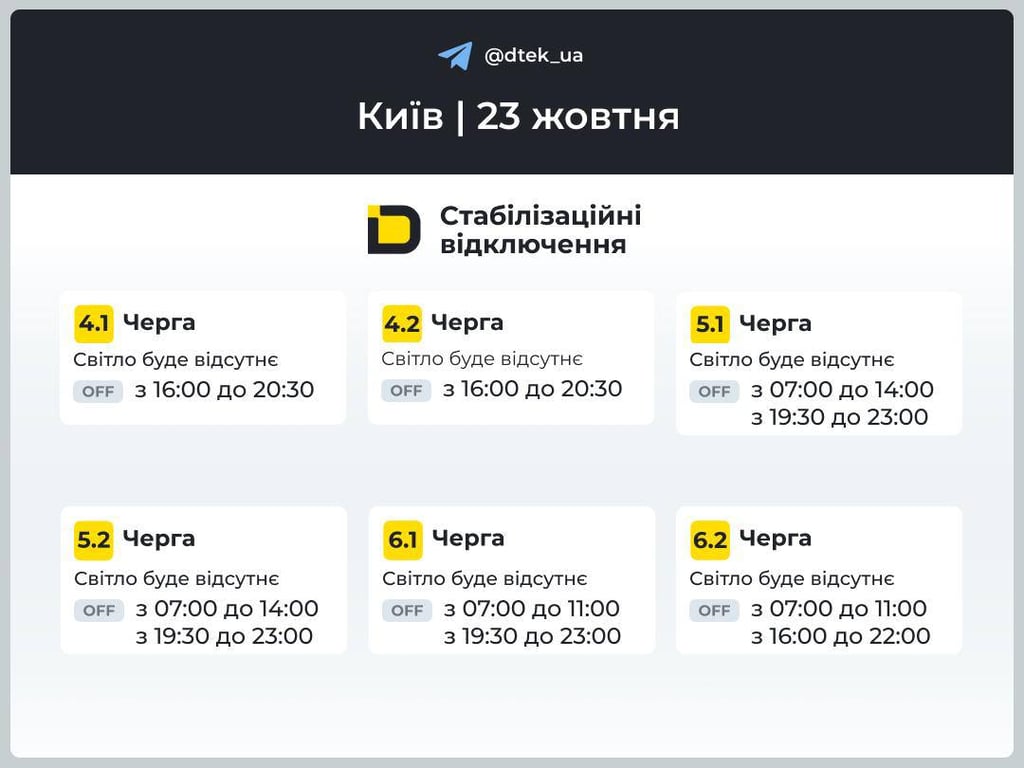 Графіки відключення світла у Києві 23 жовтня