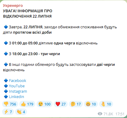 Графіки відключення світла 22 липня