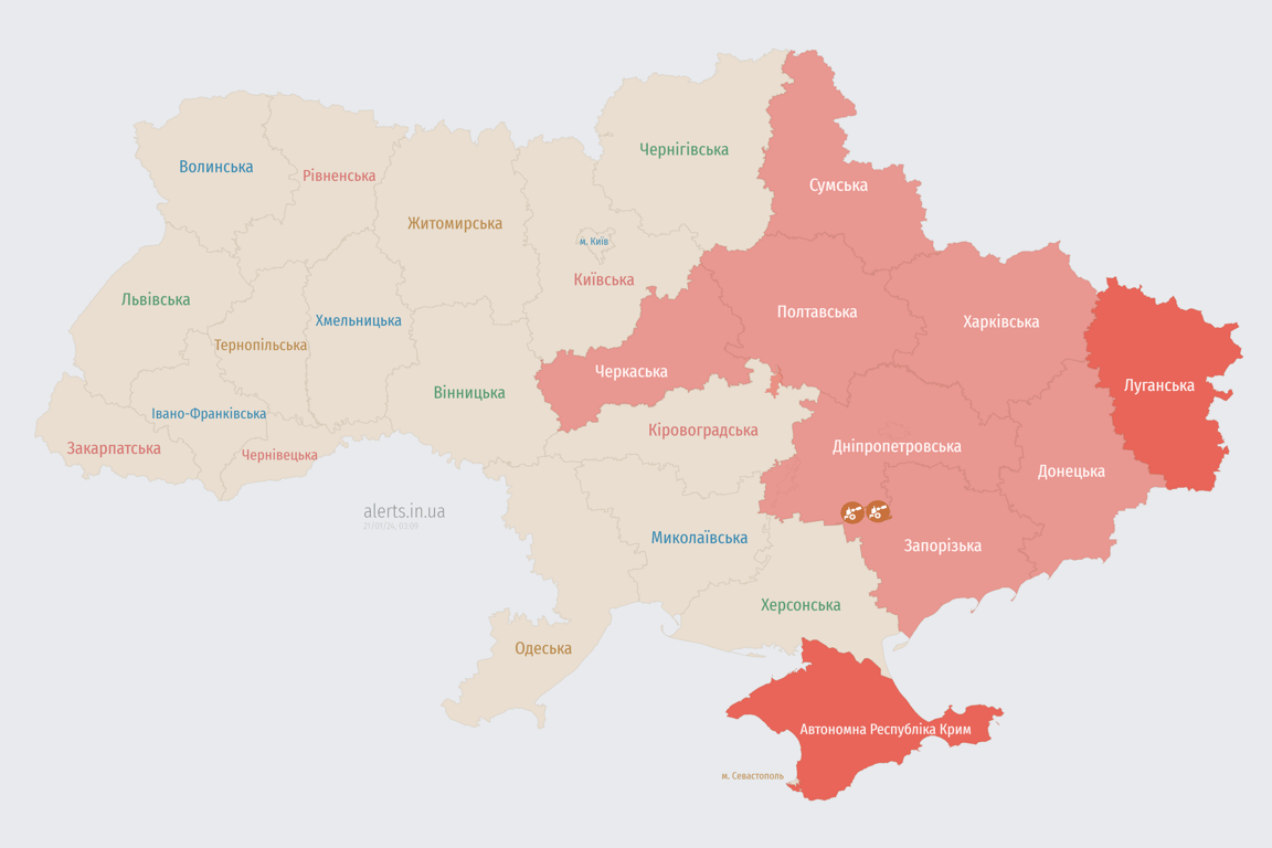 Мапа повітряних тривог в Україні зараз 21 січня