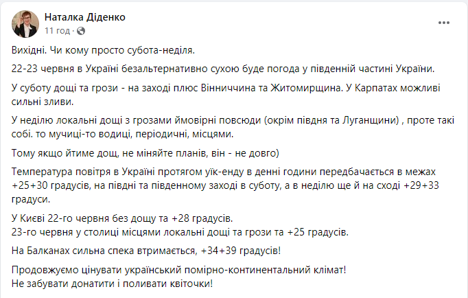 Прогноз погоды от Наталки Диденко на сегодня, 22 июня.