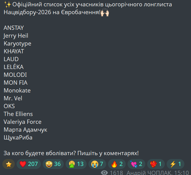 Евровидение-2026 — какие участники вошли в лонглист Нацотбора - фото 1