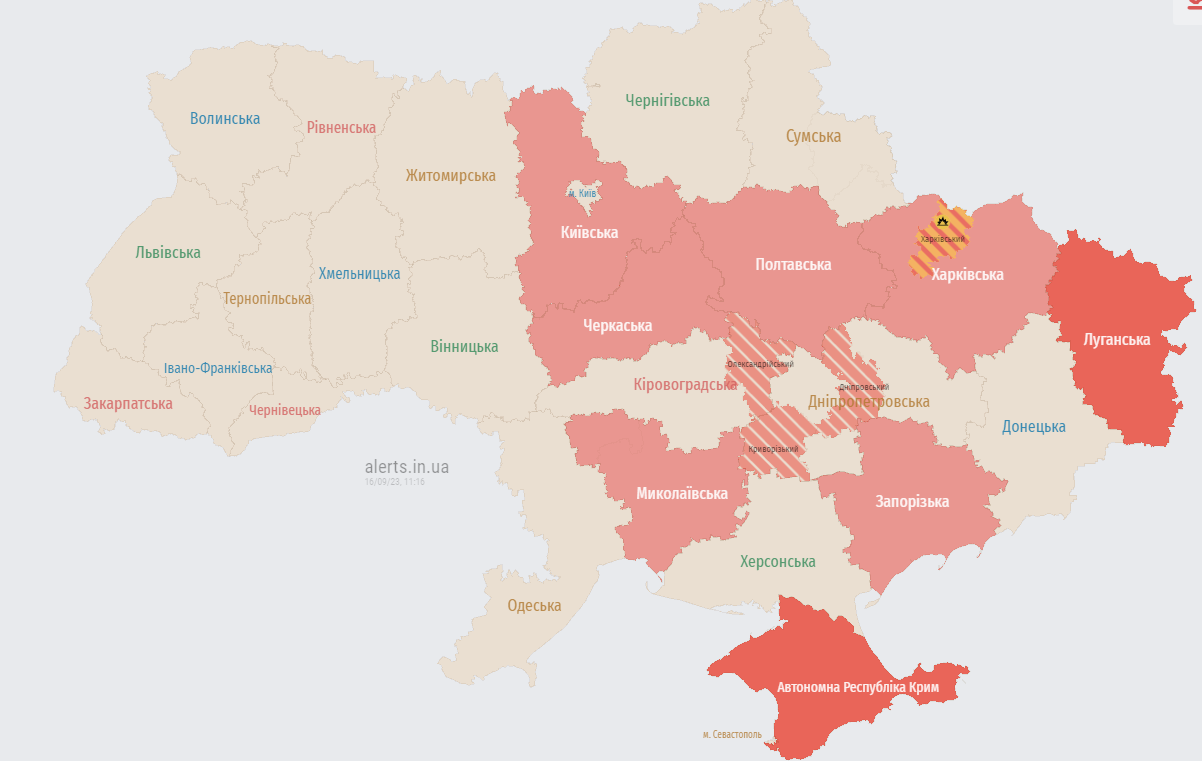 Карта повітряних тривог вранці 16 вересня. Фото: alerts.in.ua