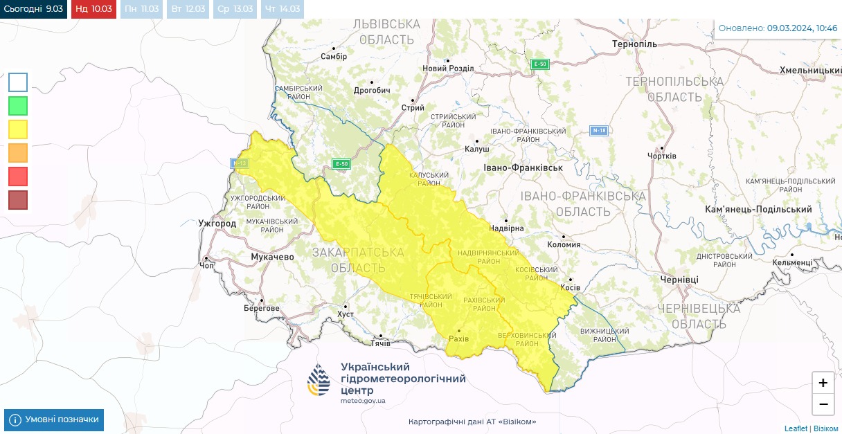 Мапа сніголавинної небезпеки в Україні сьогодні, 10 березня, від Укргідрометцентру