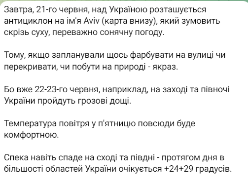 Прогноз погоди від Наталки Діденко на 21 червня 