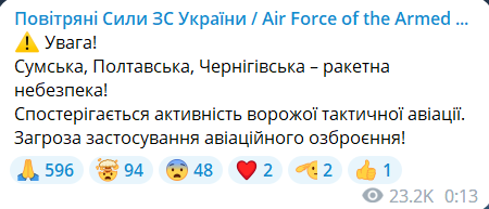 Скриншот повідомлення з телеграм-каналу "Повітряні сили ЗС України"